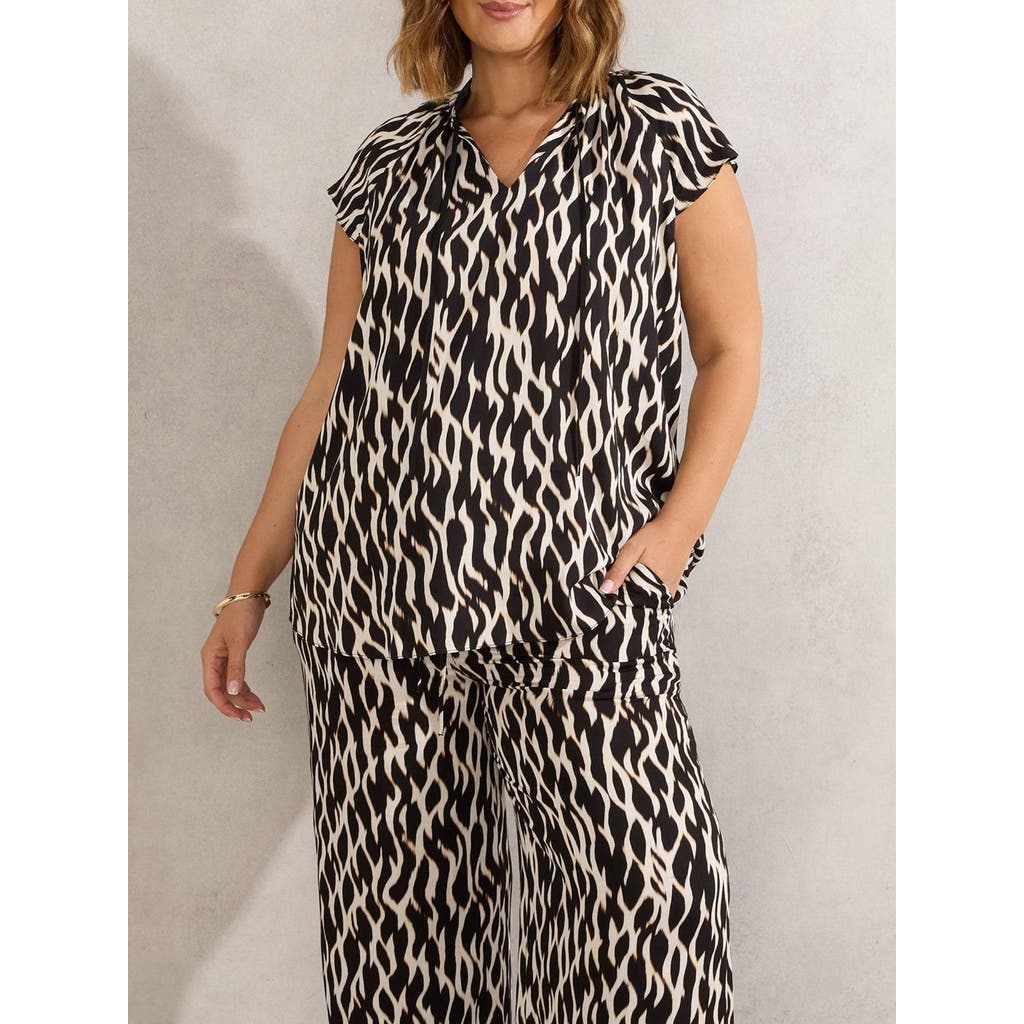 Live Unlimited Mono Print Short Sleeve Tie Neck Blouse In Black