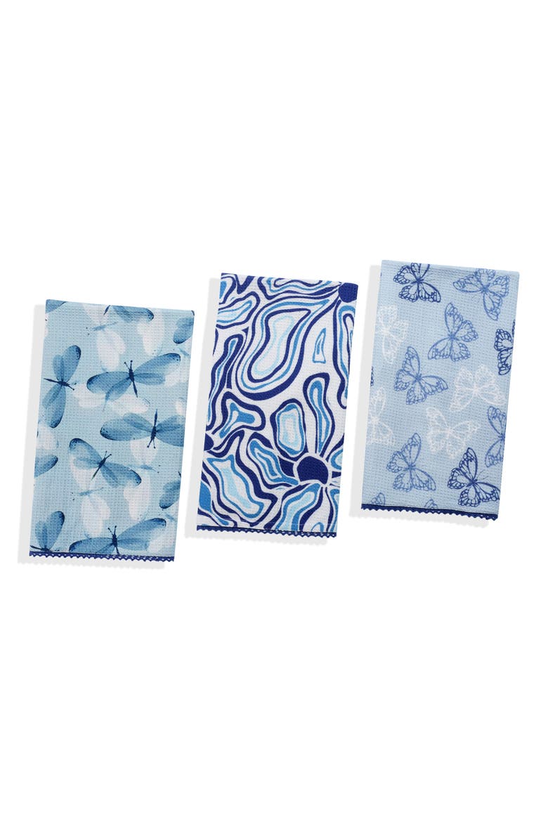 Azure Dreams Set of 3 Cotton Waffle Kitchen Towels, Main, color, SHADES OF BLUE / WHITE