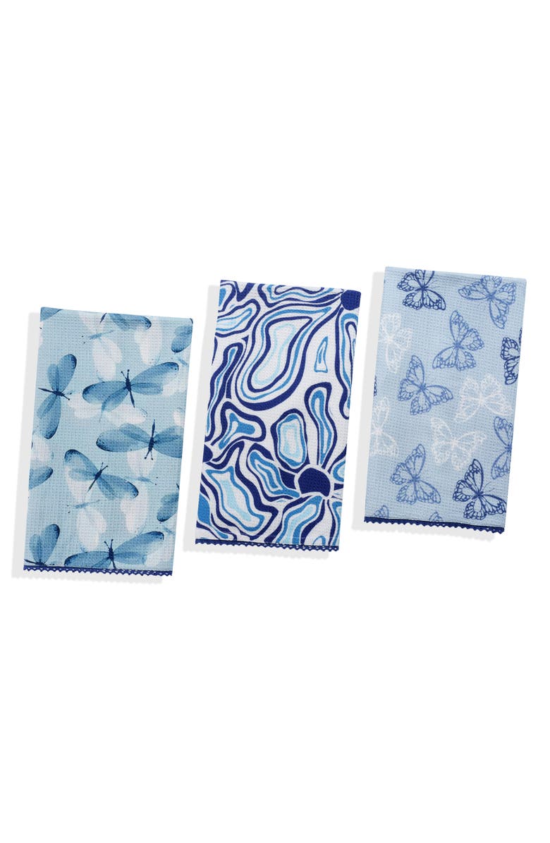 Tiramisu Azure Dreams Set of 3 Cotton Waffle Kitchen Towels, Main, color, Shades Of Blue / White