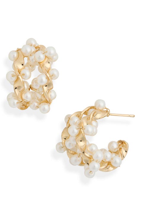 Imitation Pearl Twisted Hoop Earrings