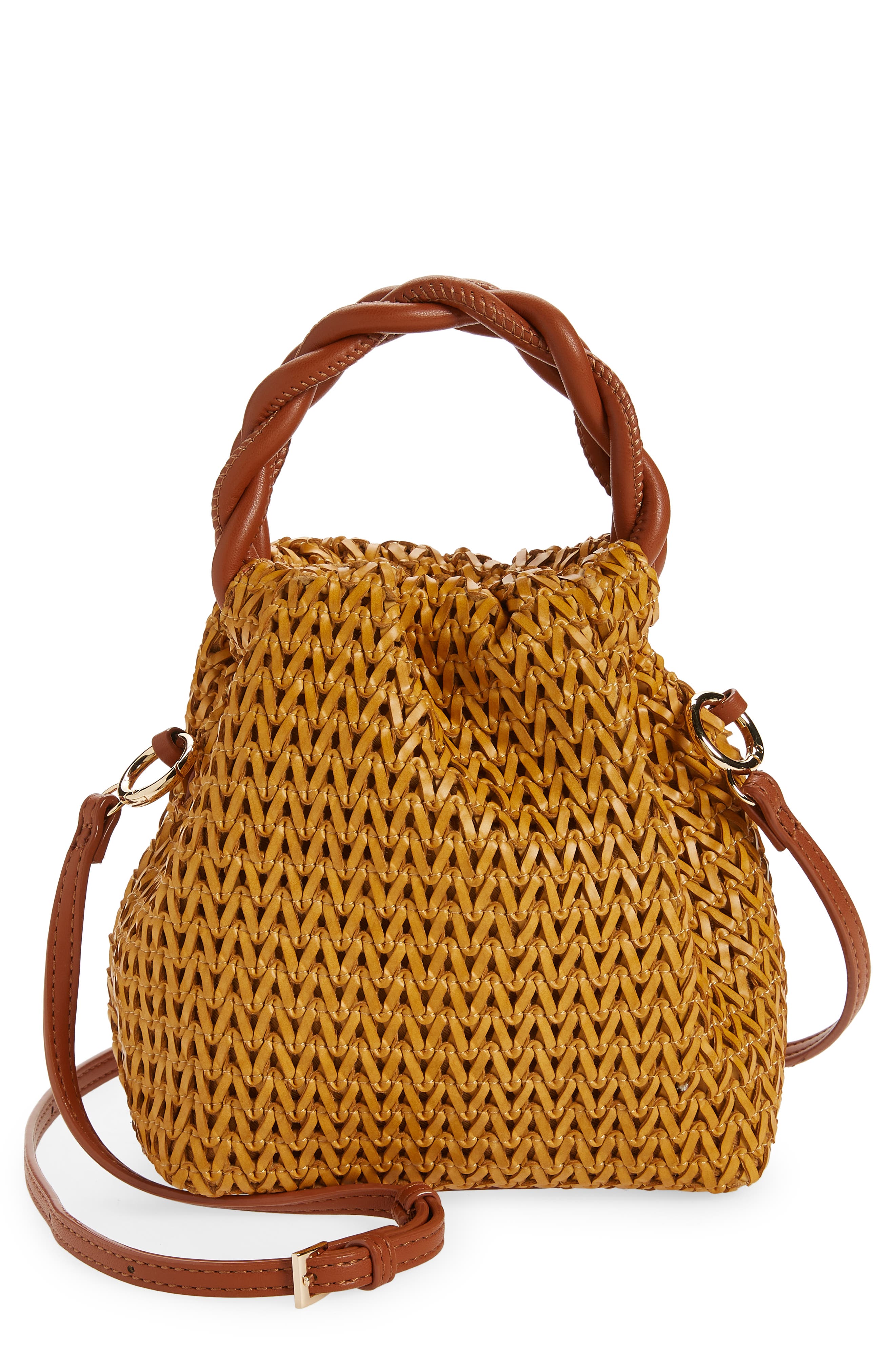 We Are Adorbs Mini Vegan Leather Top Handle Bag, Main, color, TAN WOVEN