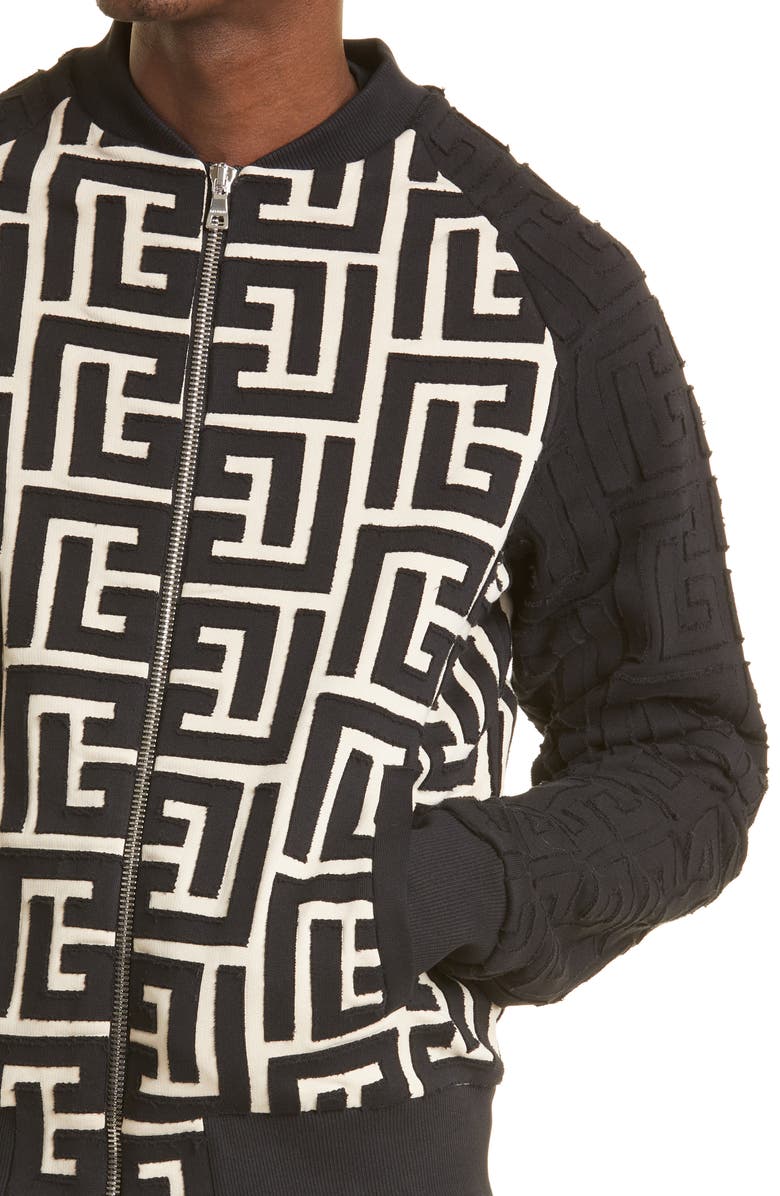 Balmain Maxi Monogram Knit Bomber Jacket, Alternate, color,