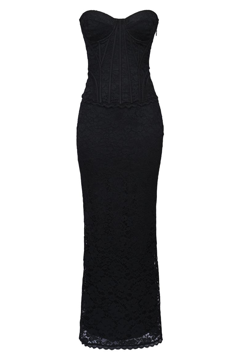 Solaine Lace-Up Strapless Lace Corset Gown, Alternate, color, BLACK