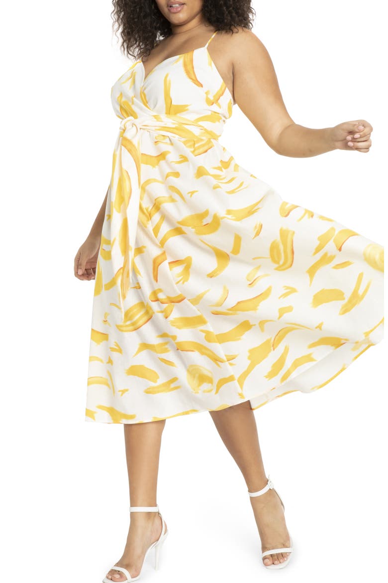 Sleeveless Fit & Flare Linen Blend Midi Dress, Main, color, COASTAL SPLOTCH