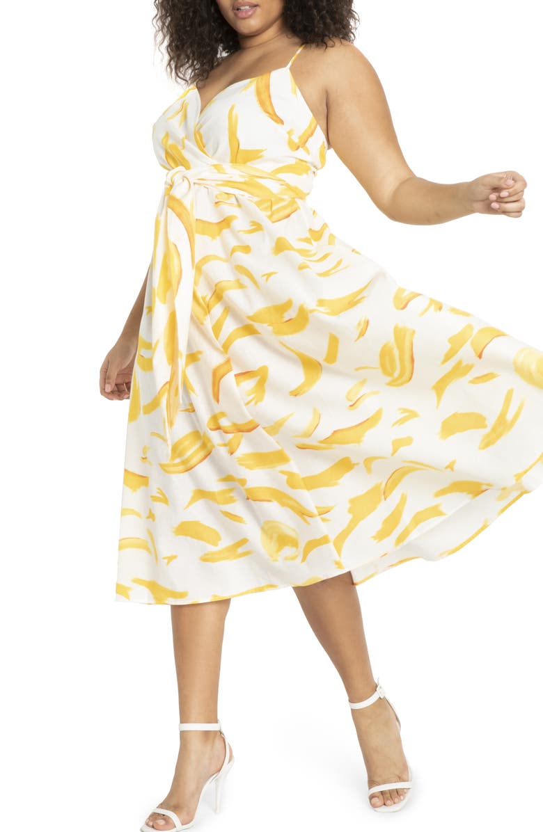 ELOQUII Sleeveless Fit & Flare Linen Blend Midi Dress, Main, color,