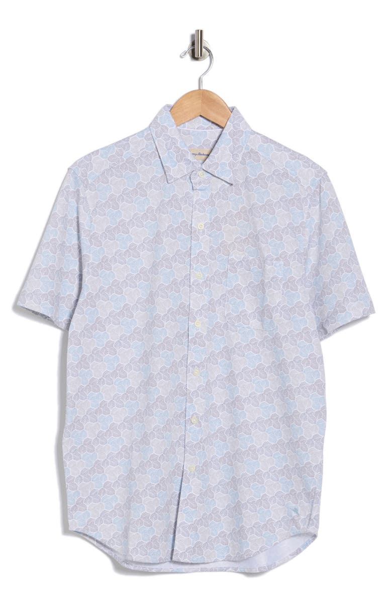 Tommy Bahama Honeycomb Geo Print Short Sleeve Button-Up Shirt, Main, color, Avalanche