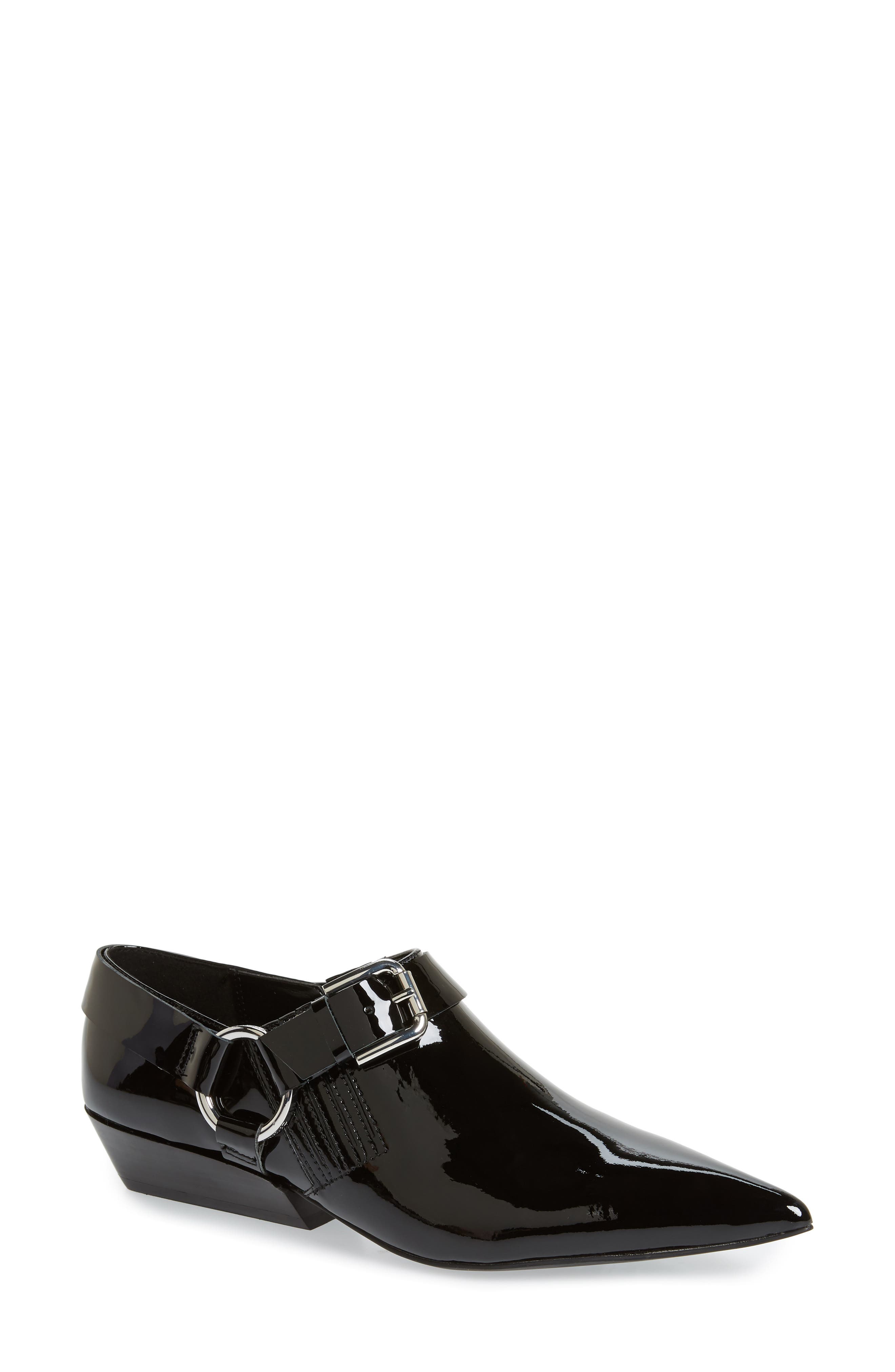 Ellen Low Buckle Bootie, Main, color, BLACK PATENT