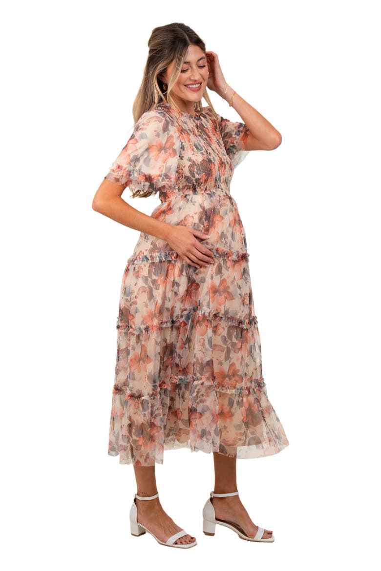 Floral Mesh Smocked Midi Dress, Alternate, color, Peach