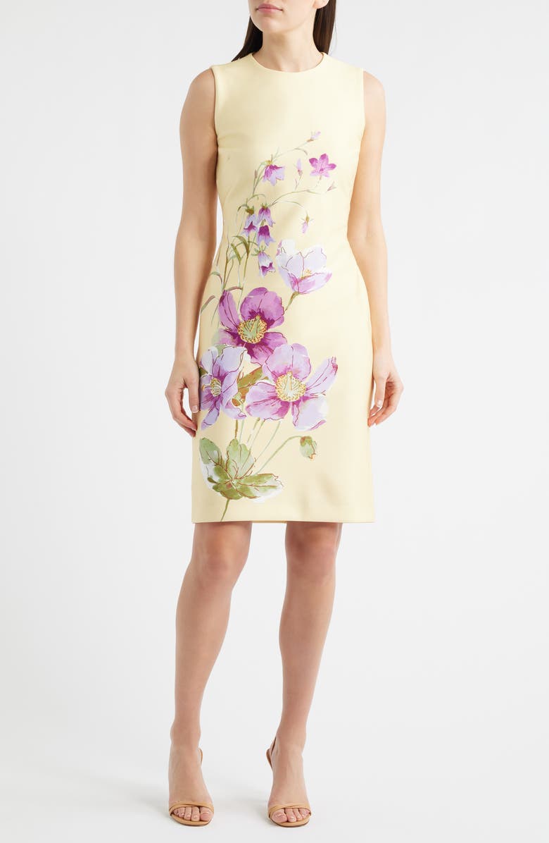 Anne Klein Floral Print Sleeveless Scuba Sheath Dress, Main, color, Daffodil Multi