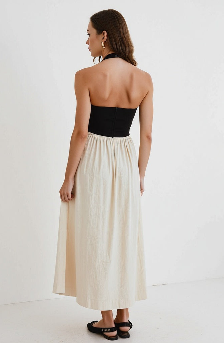 Modenaire Two-Tone Halter Maxi Dress with Fitted Bodice and Gathered Skirt, Alternate, color,