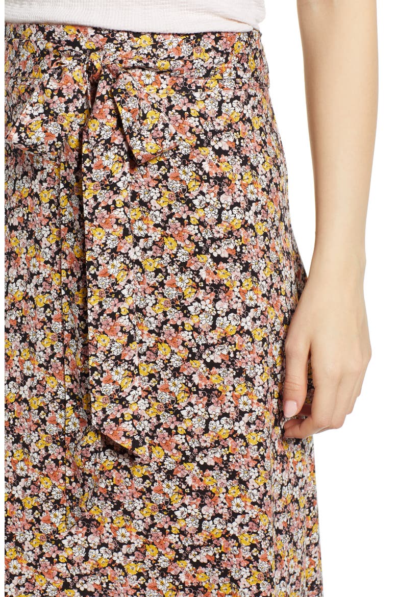 Tie Waist Floral Print Midi Skirt, Alternate, color, BLACK DITSY FLORAL
