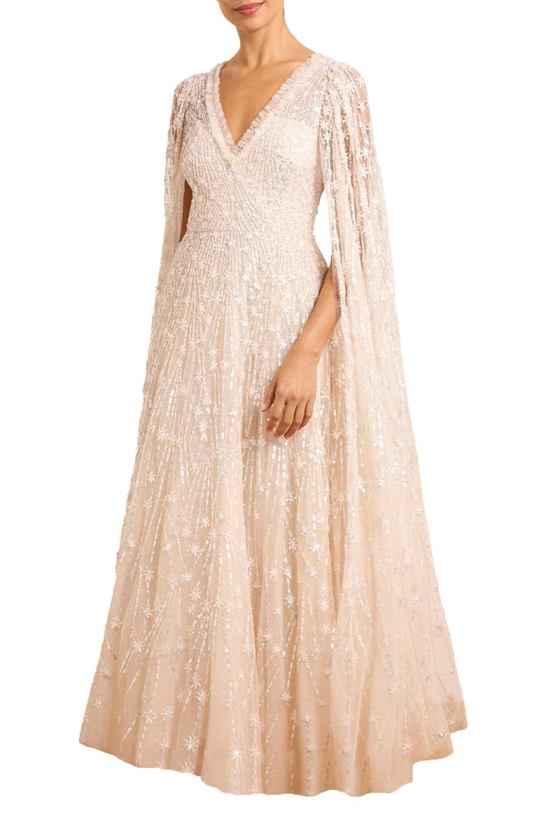 Comet Embellished Cape V-Neck Maxi Dress, Main, color, Cream