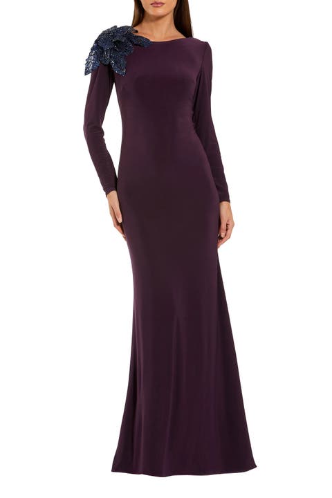 Floral Appliqué Long Sleeve Column Gown