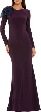 Mac Duggal Floral Appliqué Long Sleeve Column Gown