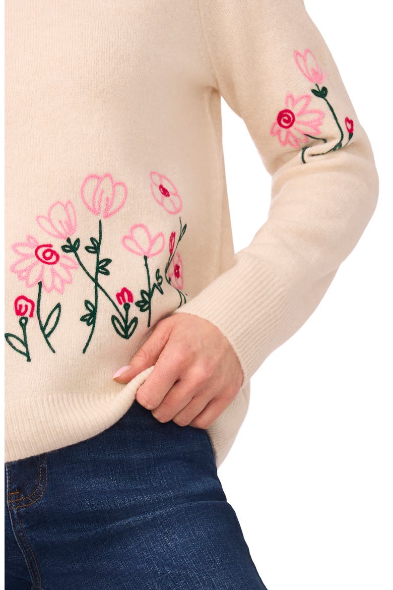 Flower Embroidery Crewneck Sweater, Alternate, color, BIRCH