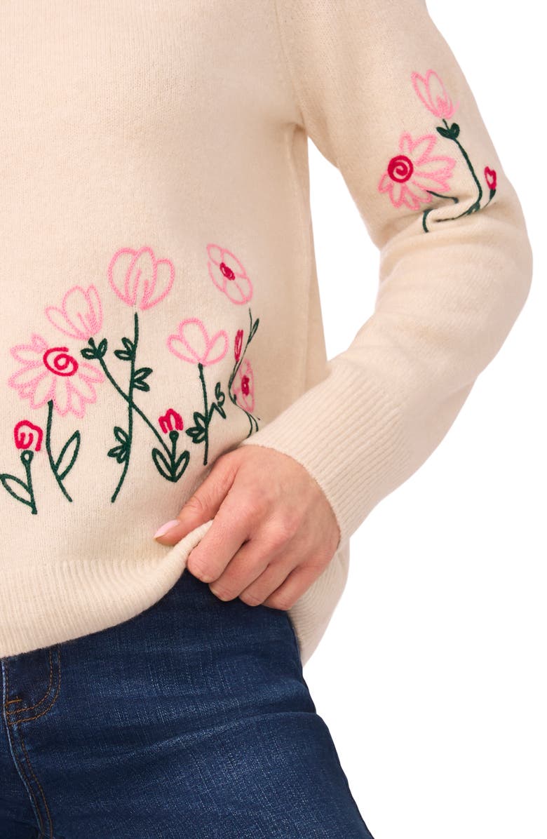 CeCe Flower Embroidery Crewneck Sweater, Alternate, color, Birch