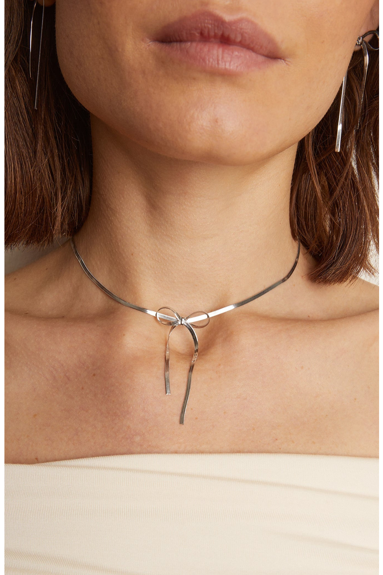 Herringbone Bow Choker Necklace, Alternate, color, White