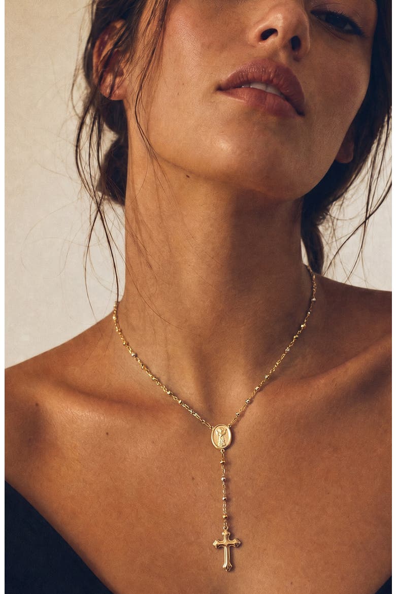 Two Tone Rosary Cross Pendant Necklace, Alternate, color, GOLD/ SILVER