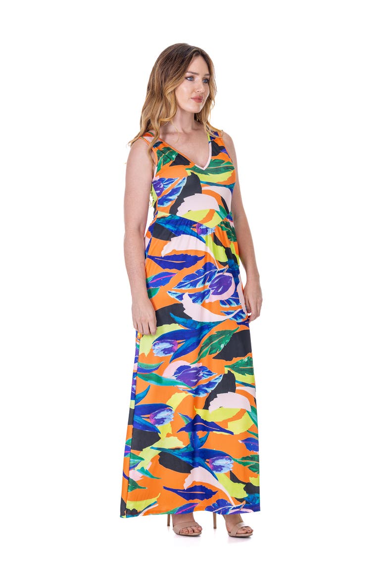 Multicolor Floral Sleeveless V-Neck Maxi Dress With Pockets, Alternate, color, Orange Multi