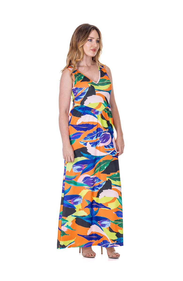 24seven Comfort Apparel Multicolor Floral Sleeveless V-Neck Maxi Dress With Pockets, Alternate, color, Orange Multi