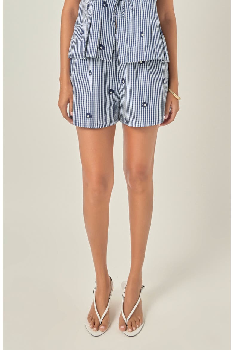 Embroidered Gingham Shorts, Main, color, NAVY