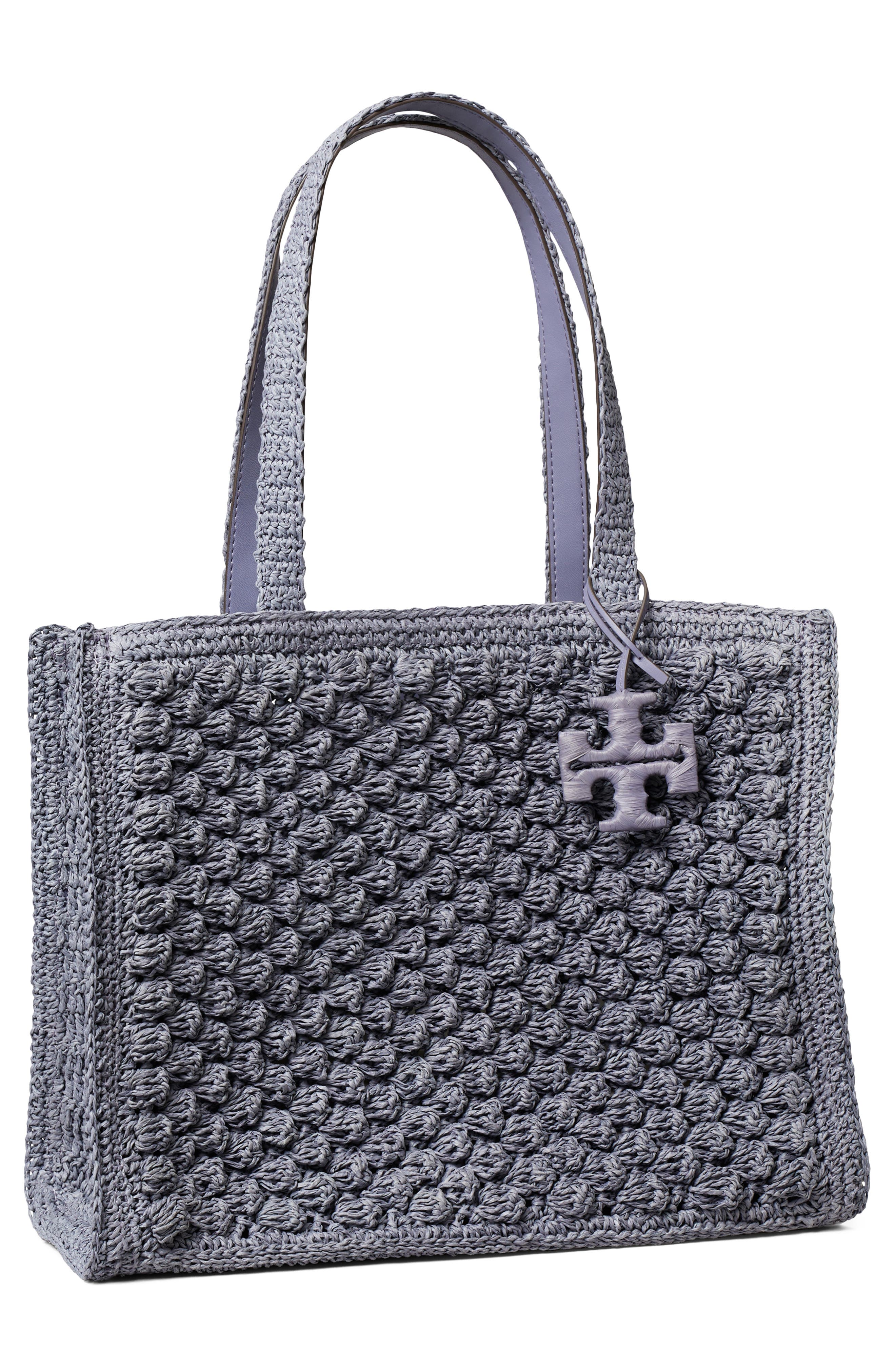 Tory Burch Ella Hand Crochet Straw Bag, Alternate, color, Gray