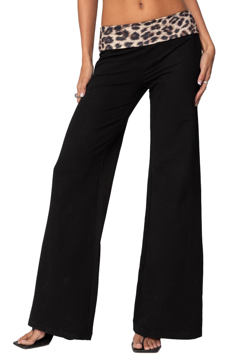 EDIKTED Foldover Waist Wide Leg Pants, Main, color, Black/ Leopard Print