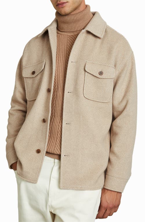 Reiss Compton Herringbone Wool Blend Overshirt in Oatmeal 