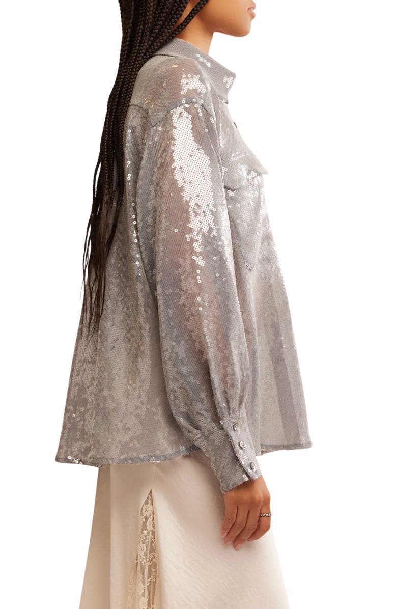 Free People Disco Margarita Sheer Sequin Button-Up Shirt, Alternate, color, Rocket