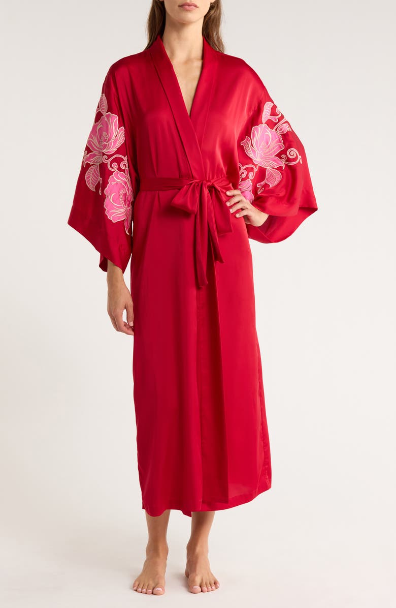 Natori Floral Embroidered Satin Robe, Main, color, Red