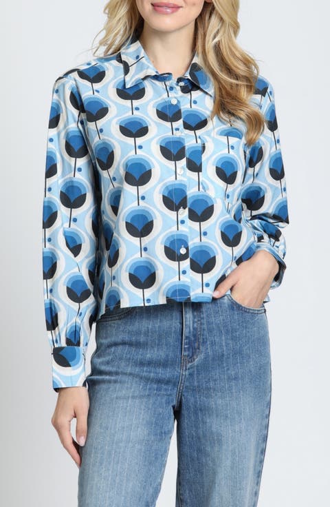 Print Cotton Button-Up Crop Shirt