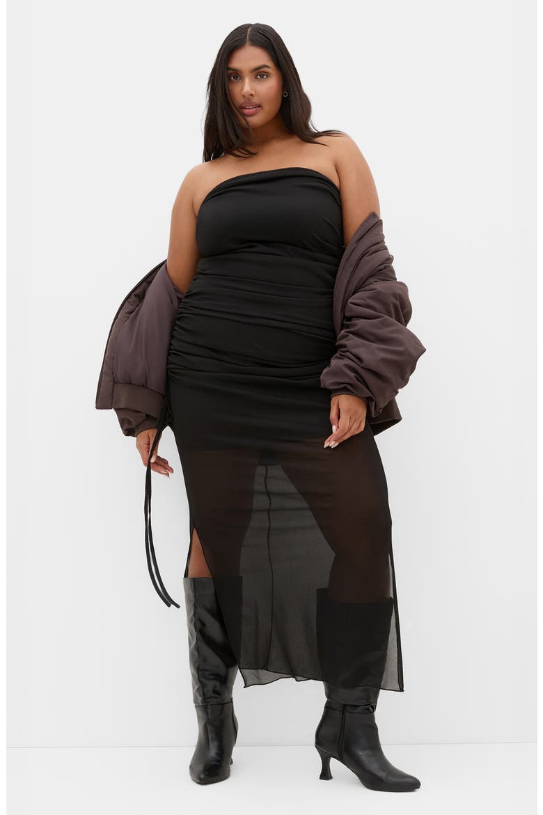Shelly Ruched Strapless Maxi Dress, Alternate, color, BLACK