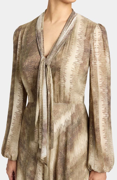Santorelli Jenn Printed Georgette Midi Dress With Drop Neck Tie In Brown