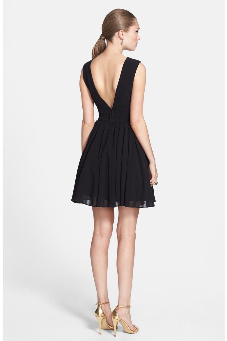 Embellished Yoke V-Back Fit & Flare Dress, Alternate, color, BLACK
