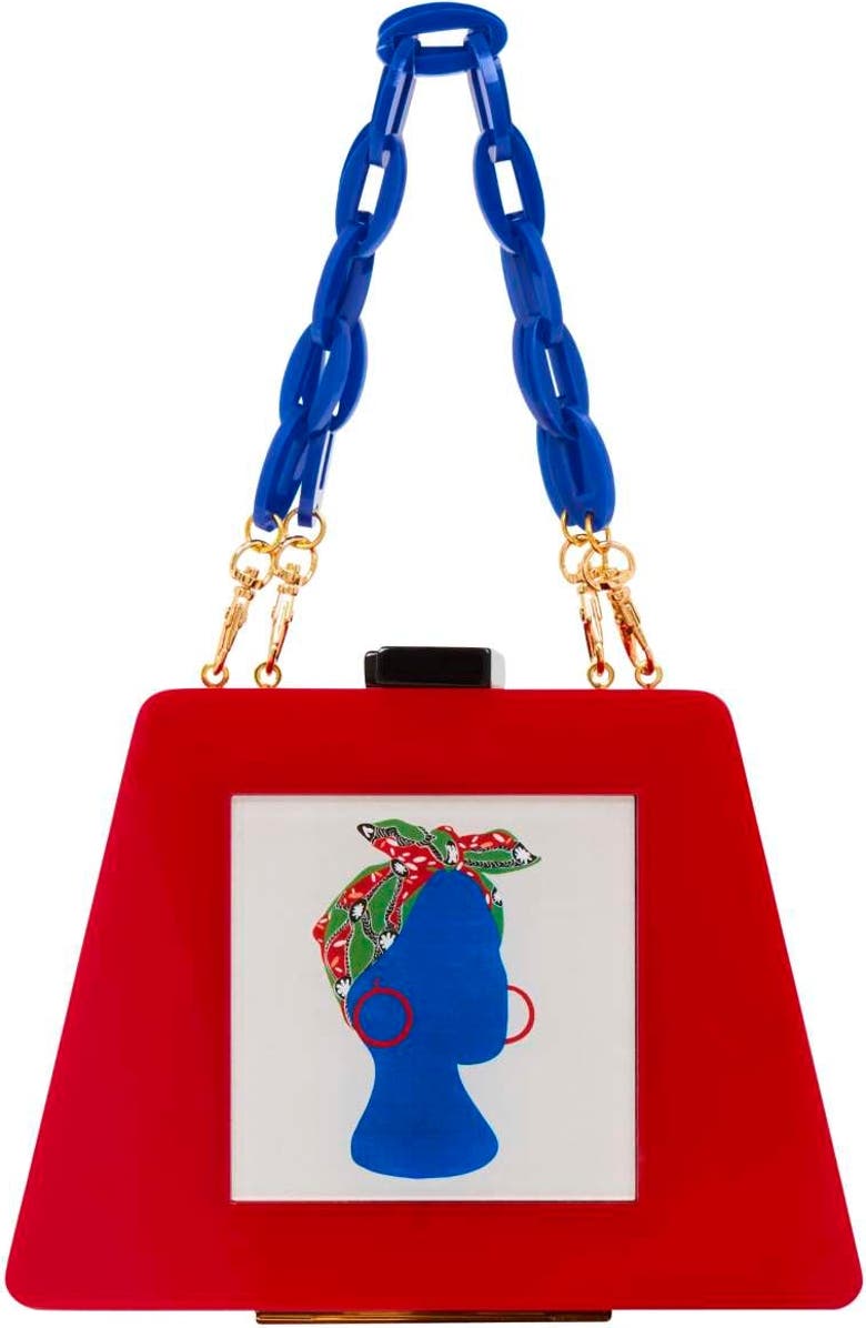 LarAllan Babi Acrylic Triangular Box Clutch w/strap, Main, color, Red