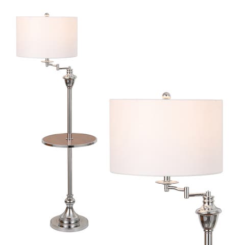 Cora Modern Metal LED Floor Lamp with Integrated Glass Side Table and Swing Arm