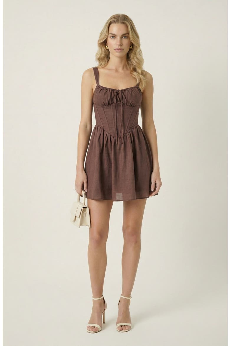 Sweetheart Corset Bodice Gathered Bust Flared Skirt Mini Dress, Main, color, Brown