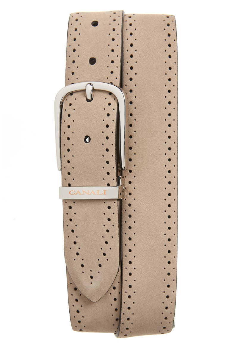 Nubuck Leather Brogue Belt, Main, color, BEIGE