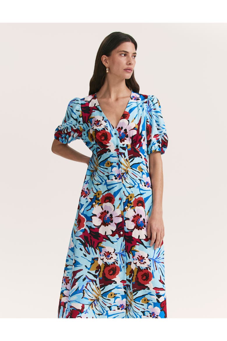 Sarah Floral Button Down Midi Dress, Alternate, color, Aqua Floral