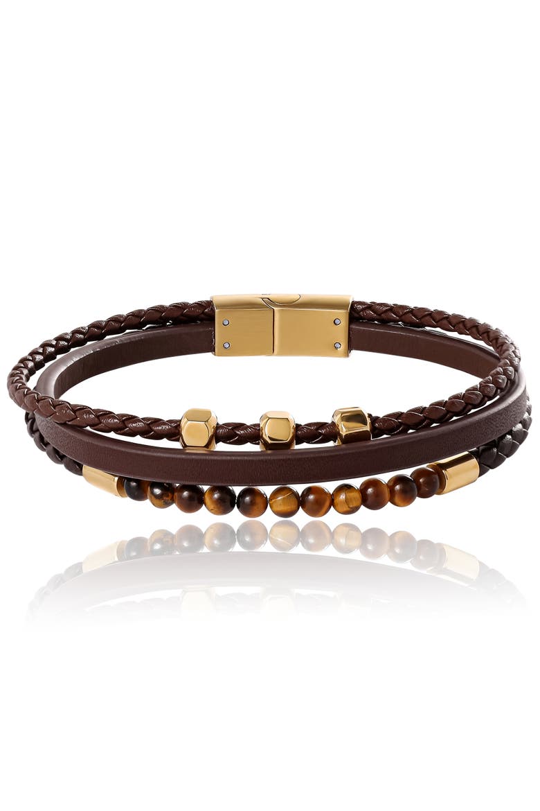 Stainless Steel (316L) Triple Row Cord Bracelet, Main, color, Brown, Gold