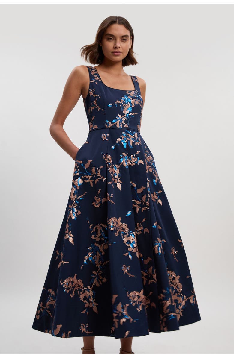 Karen Millen Satin Sequin Prom Dress, Main, color, Navy
