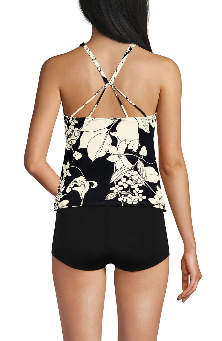 Lands' End Tugless High Neck Strappy Back Tankini Swimsuit Top, Alternate, color, Black/Egret Lilies
