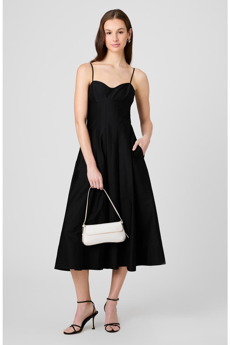 Pleated Stretch Cotton Sateen Midi Dress, Alternate, color, BLACK