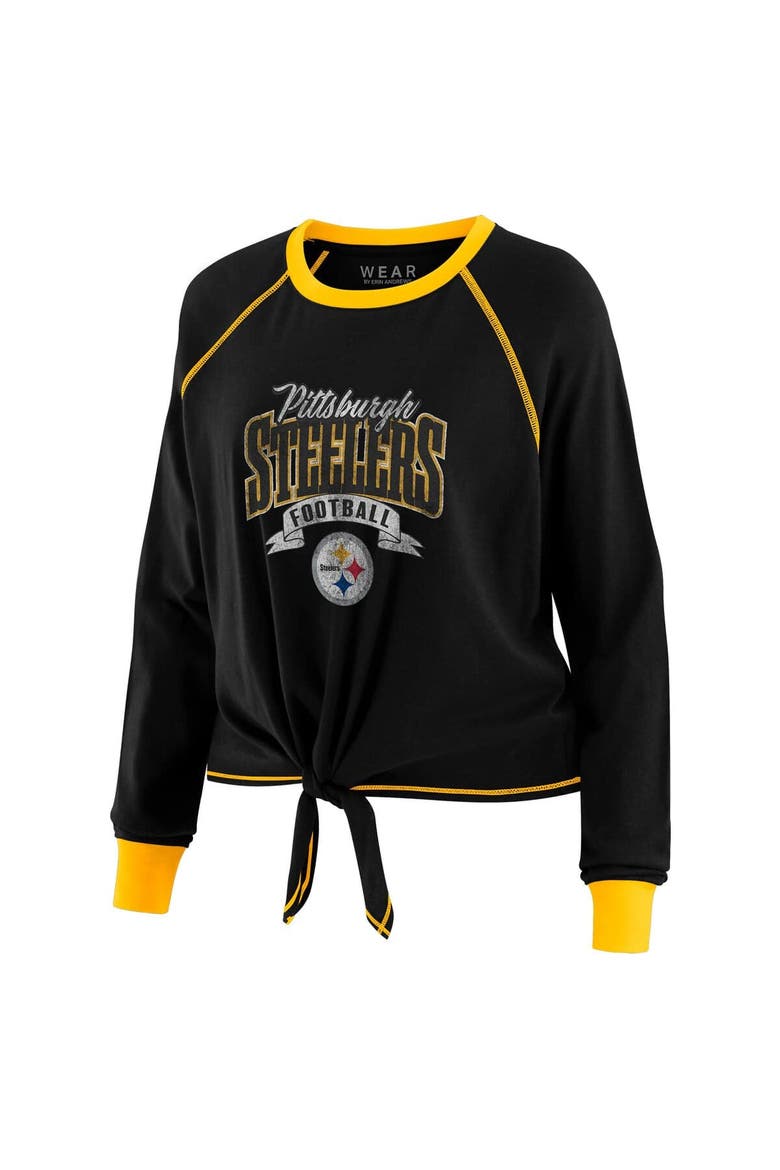 Women's WEAR by Erin Andrews Black/Gold Pittsburgh Steelers Tie-Front Long Sleeve Top, Alternate, color, Black
