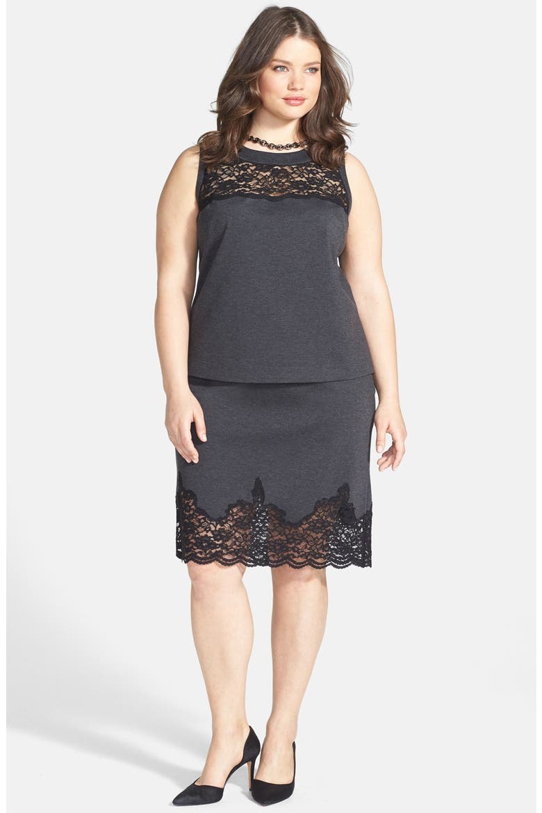 Lace Panel Pencil Skirt, Alternate, color, DARK HEATHER GREY