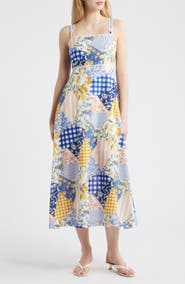 MOON RIVER Patchwork Print Cotton Midi Dress