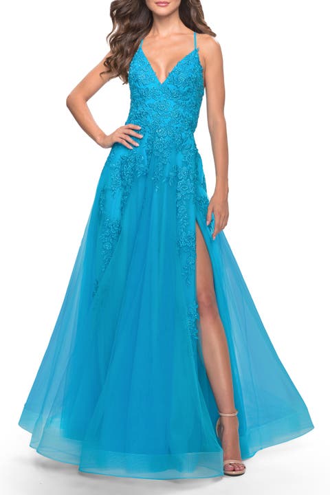 Tulle Prom Dress with Floral Detail and Side Slit