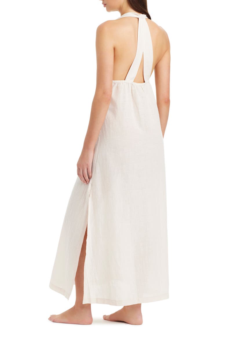 Twist Neck Cotton & Linen Cover-Up Dress, Alternate, color, WHITE SAND