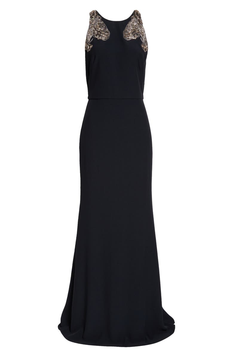 McQueen Crystal Embellished Sleeveless Trumpet Gown, Alternate, color, Black
