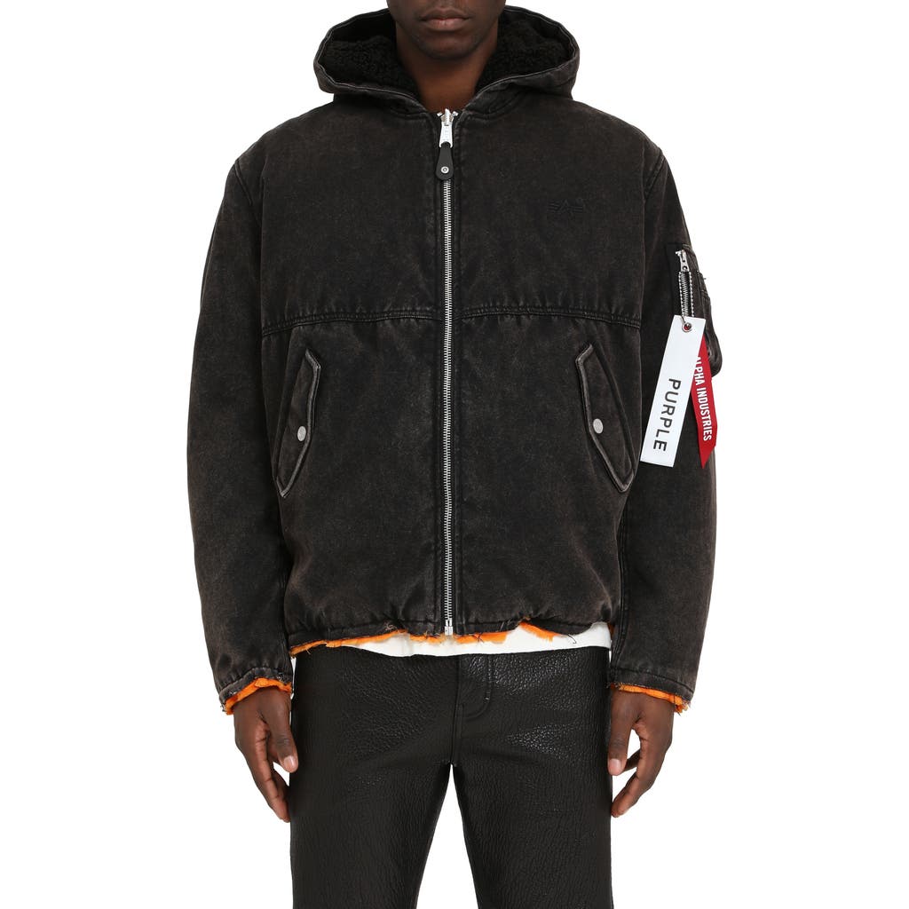 Purple Brand X Alpha Industries Hooded Denim Bomber Jacket In Black